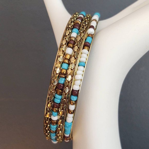 Jewelry - Gold, brown, white and blue bangle set